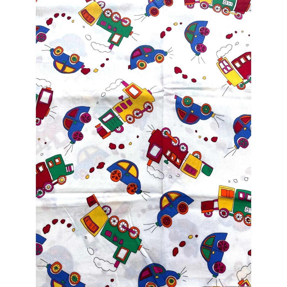 Vtg 1 yd 45X56 CRANSTON White VW Cars Trains Kids FABRIC Red Blue Yellow Vehicle